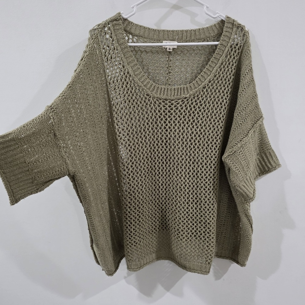 Pol Womens Open Knit Boxy Sweater Size Small Green Dolman Sleeve Boho Oversized